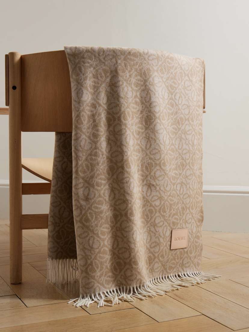 Loewe Anagram Leather-trimmed Jacquard-knit Wool And Cashmere-blend Throw