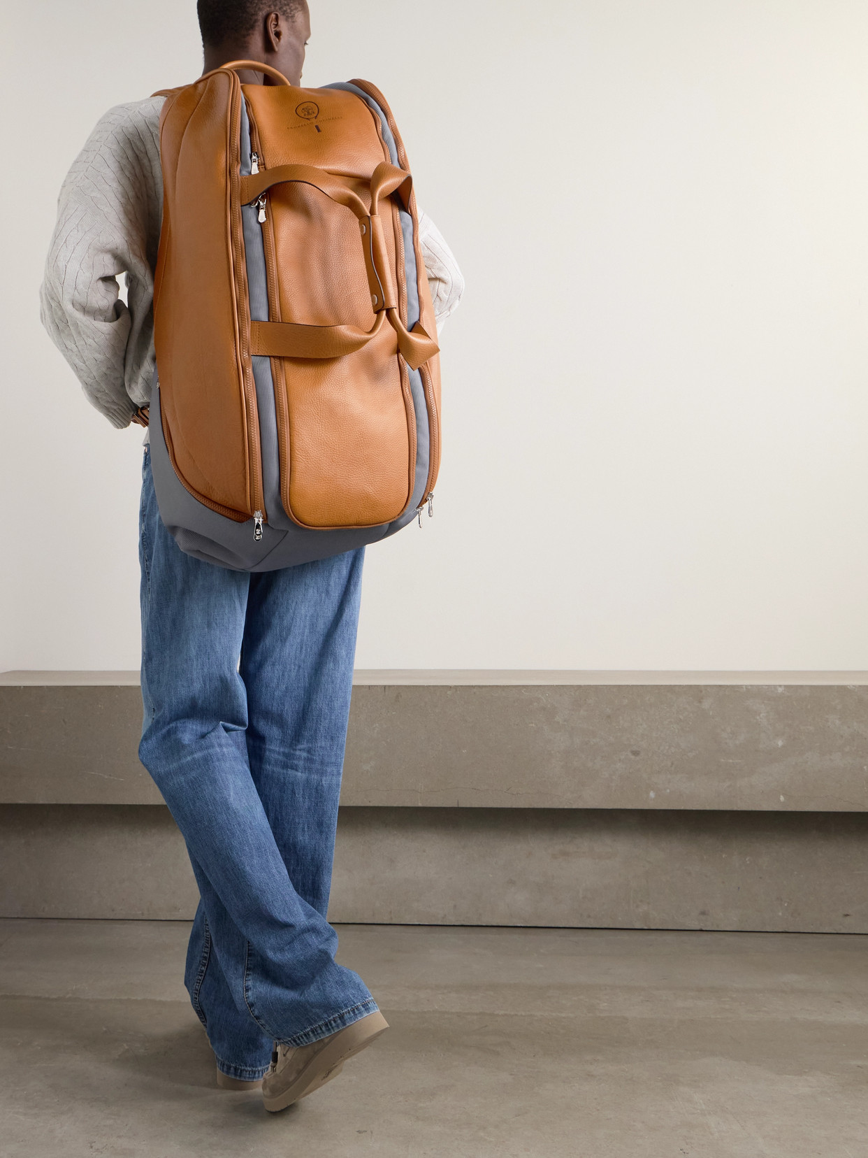 BRUNELLO CUCINELLI MESH-TRIMMED TEXTURED-LEATHER BACKPACK