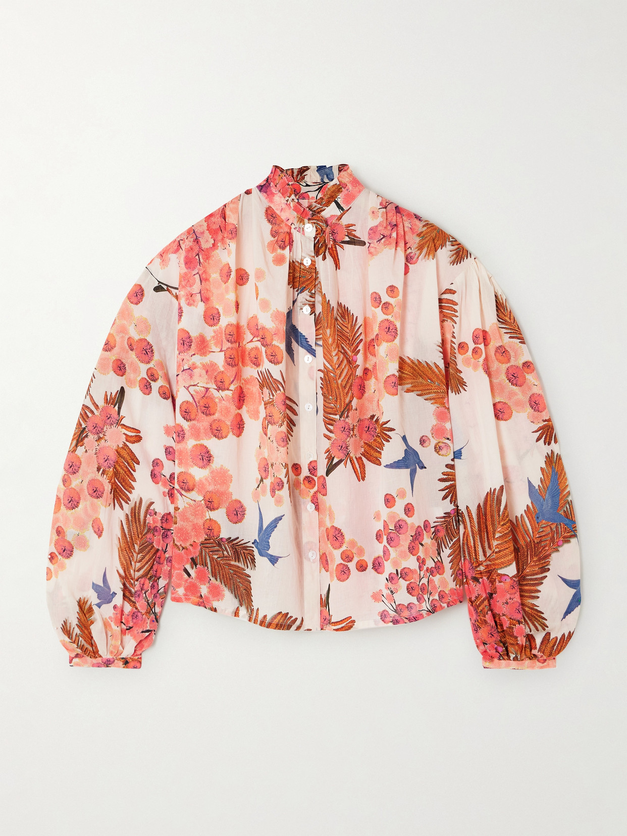 Thierry Colson Slava Ruffled Printed Cotton-voile Blouse In Pink