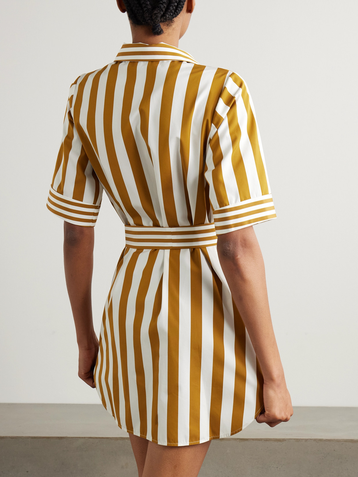 Thierry Colson Zouka Belted Striped Cotton-poplin Mini Dress In Brown