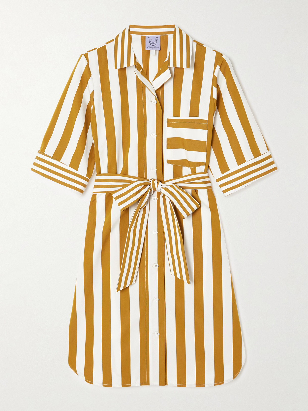 Thierry Colson Zouka Belted Striped Cotton-poplin Mini Dress In Brown