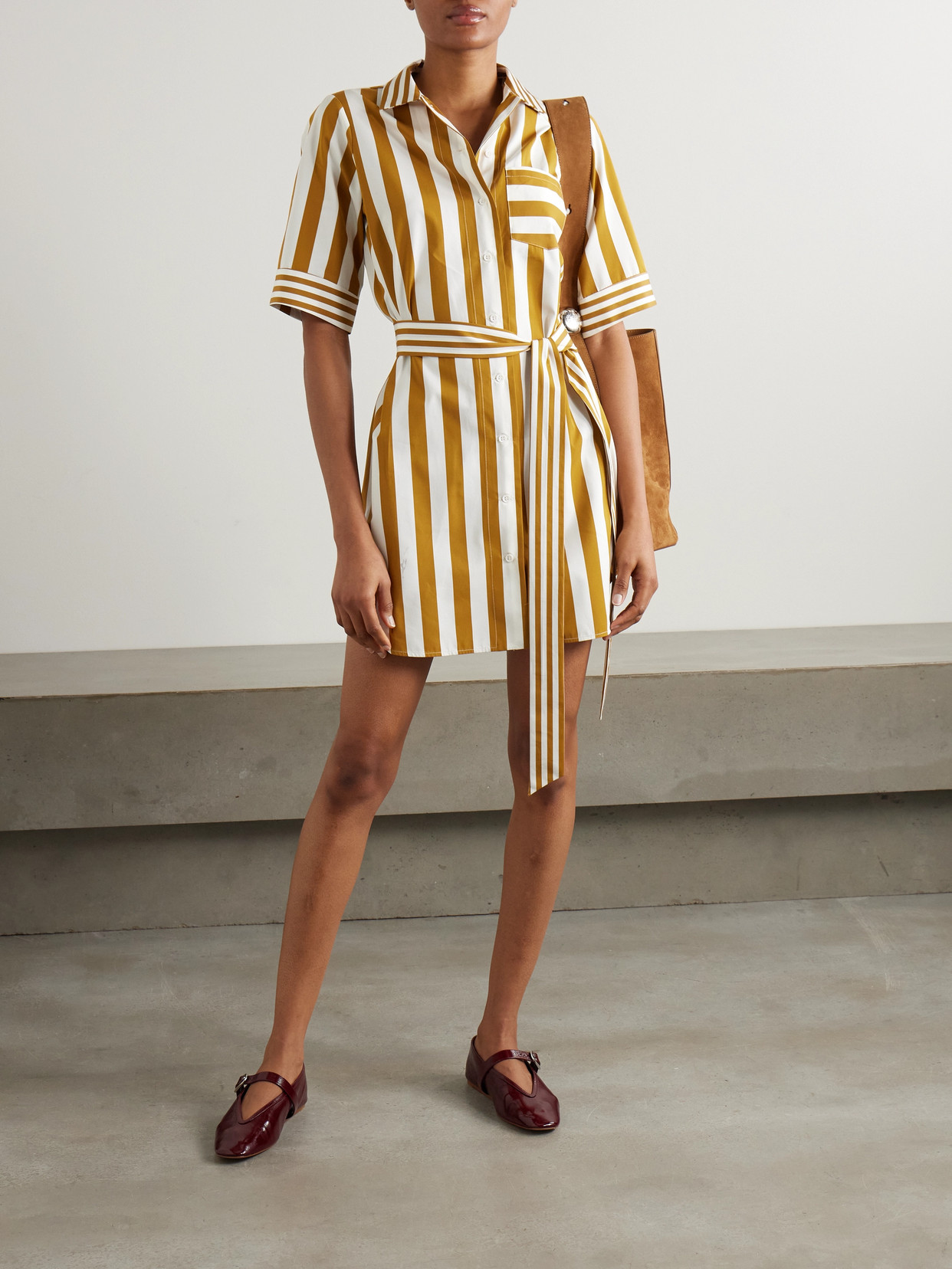 Thierry Colson Zouka Belted Striped Cotton-poplin Mini Dress In Brown