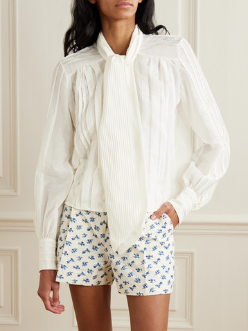 THIERRY COLSON Alba pussy-bow pintucked cotton and silk-blend voile shirt