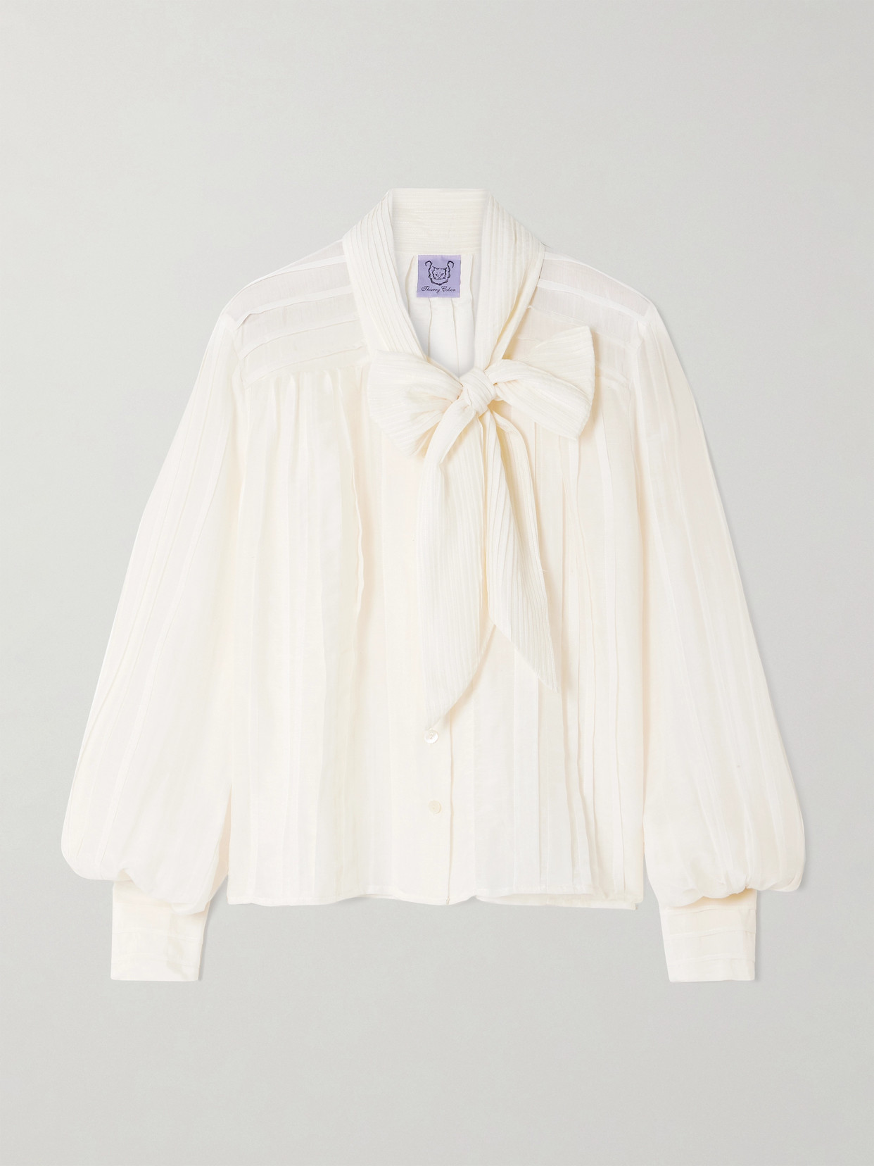 Thierry Colson Alba Pussy-bow Pintucked Cotton And Silk-blend Voile Shirt In Off-white