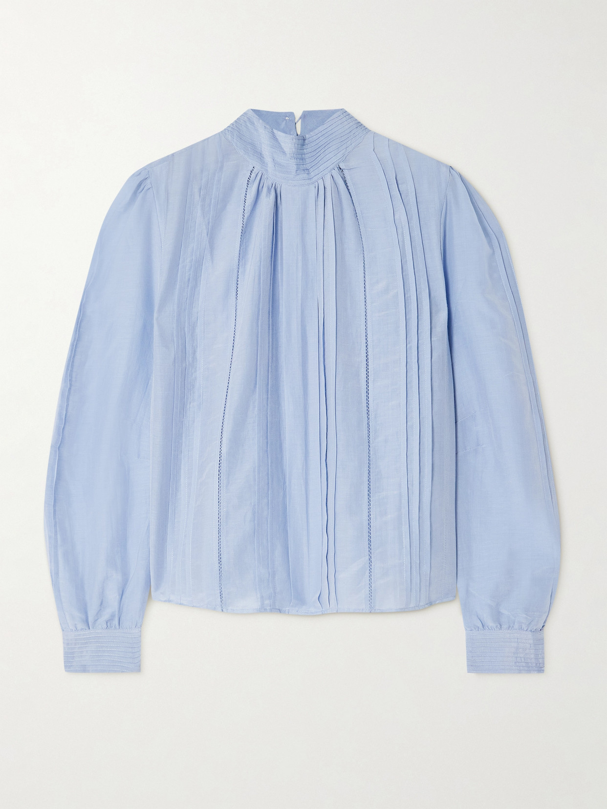 Thierry Colson Teresa Pintucked Cotton And Silk-blend Voile Turtleneck Blouse In Blue
