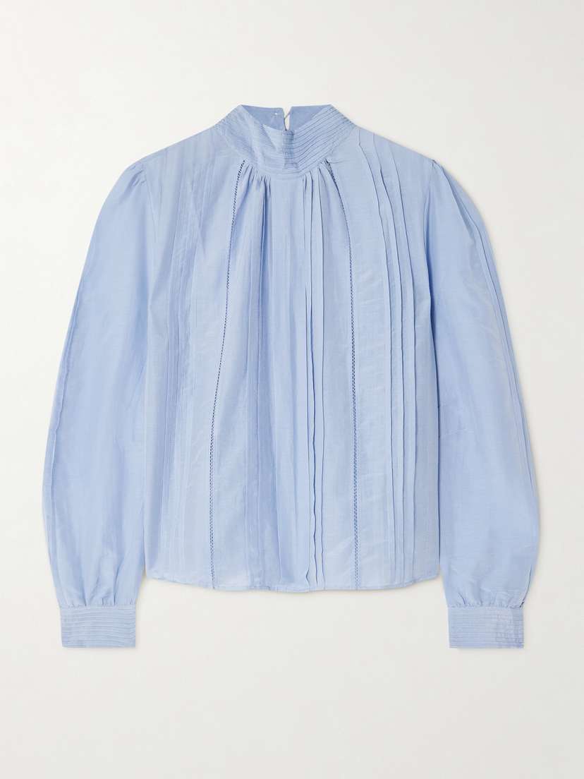 Thierry Colson Teresa Pintucked Cotton And Silk-blend Voile Turtleneck Blouse