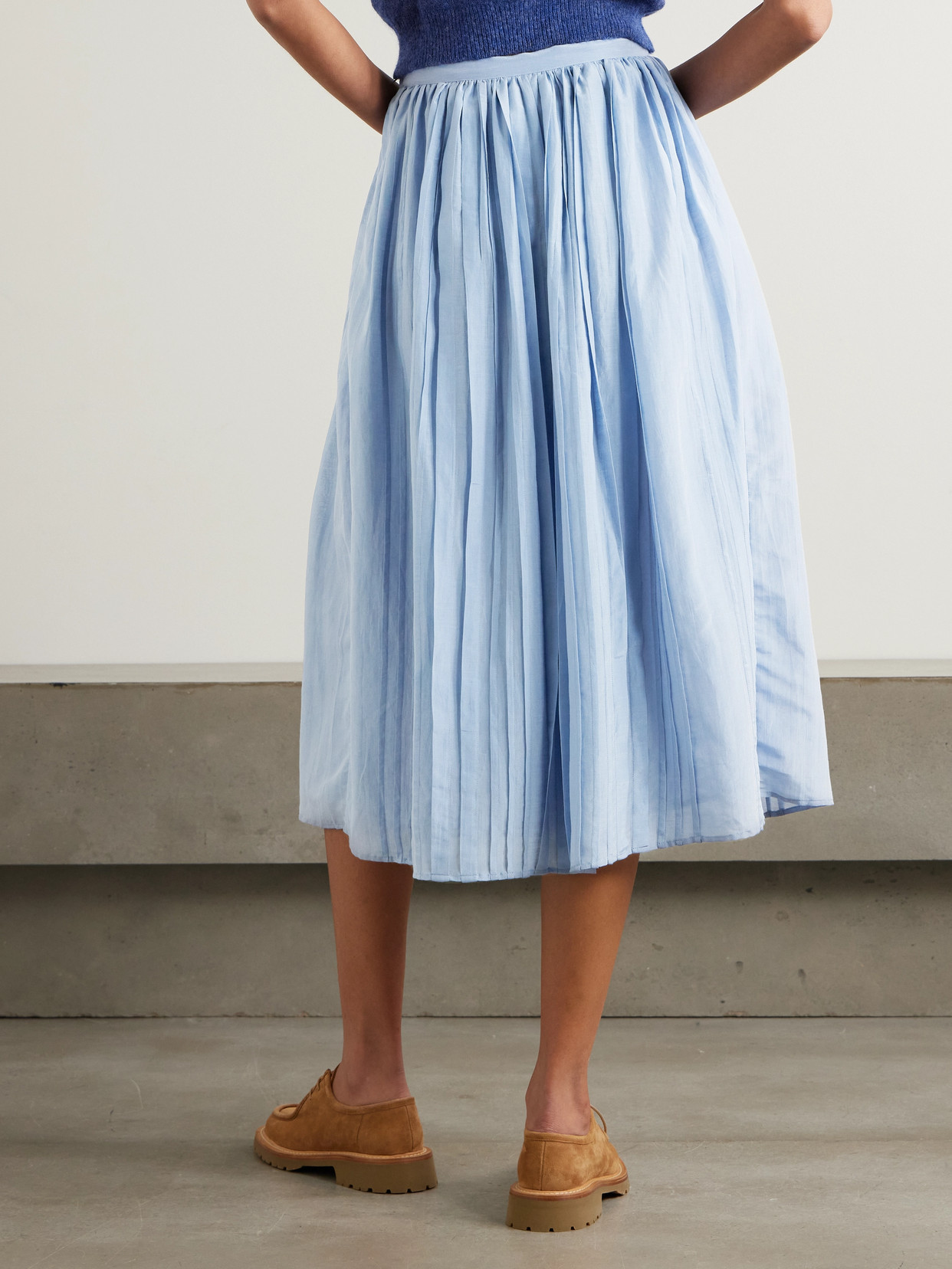 Thierry Colson Pintucked Cotton And Silk-blend Voile Midi Skirt In Blue
