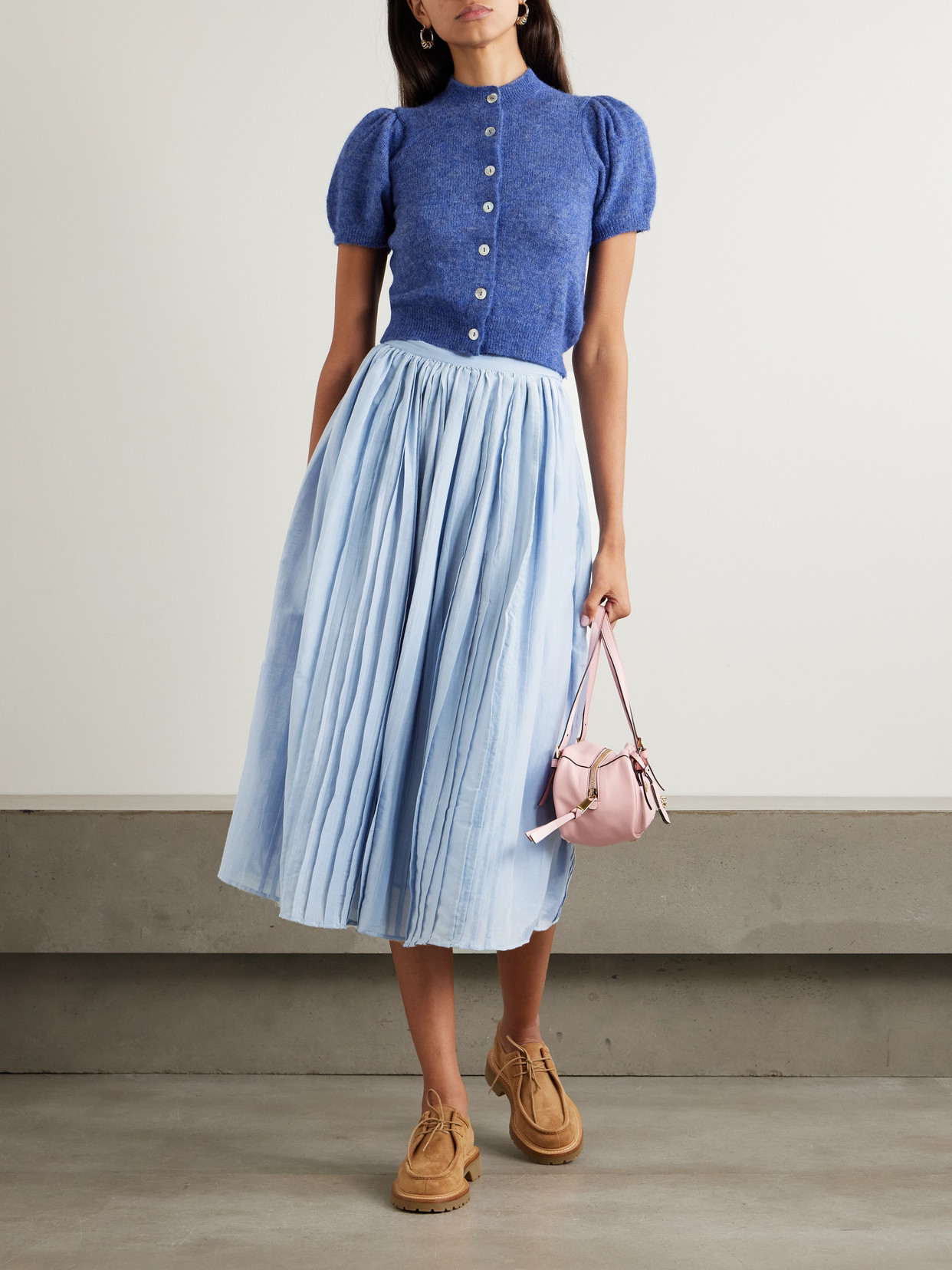 Thierry Colson Pintucked Cotton And Silk-blend Voile Midi Skirt In Blue