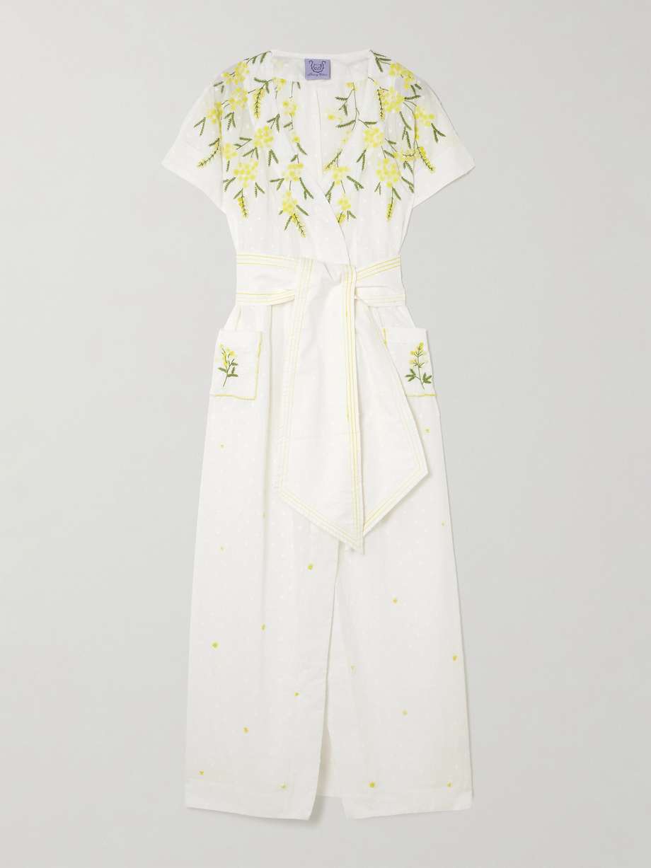bead-embellished belted point d'esprit cotton midi wrap dress