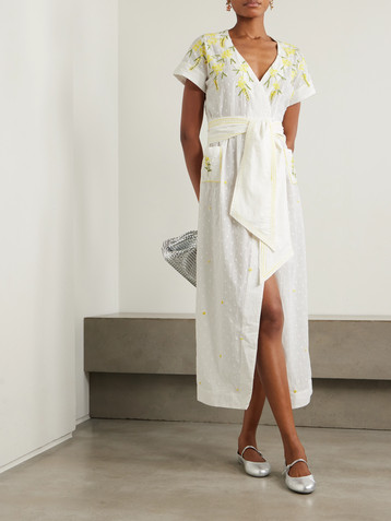 THIERRY COLSON Bead-embellished belted point d'esprit cotton midi wrap dress