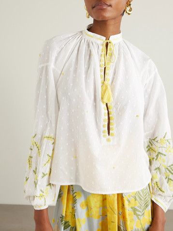 THIERRY COLSON Tasseled embroidered point d'esprit cotton blouse