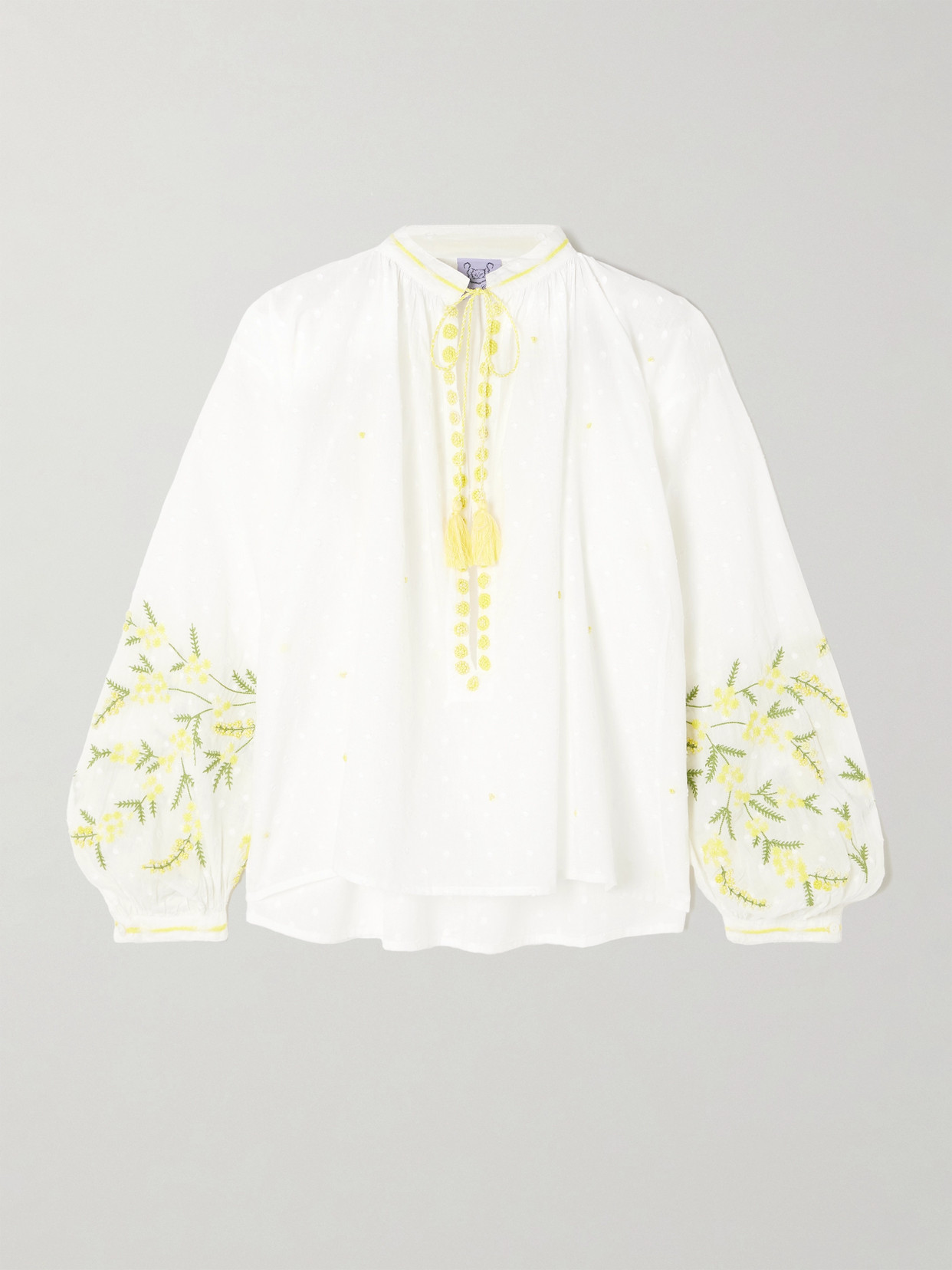 Thierry Colson Tasseled Embroidered Point D'esprit Cotton Blouse In Off-white