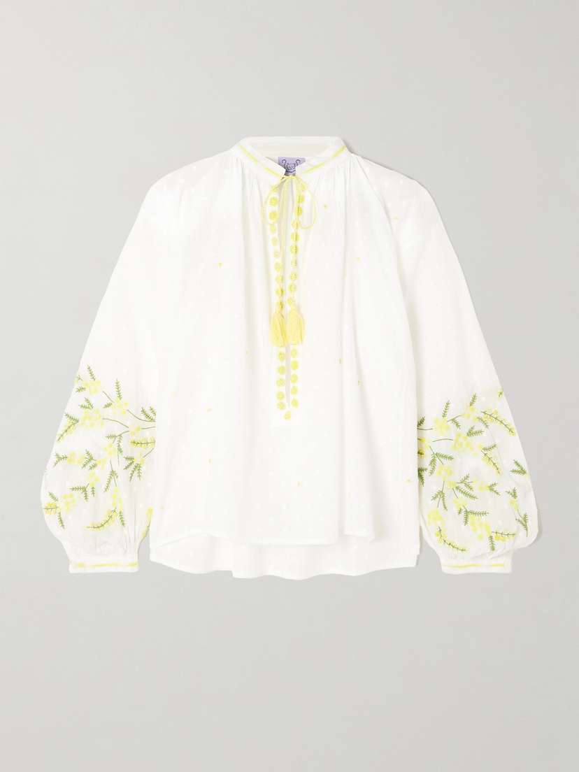 Thierry Colson Tasseled Embroidered Point D'esprit Cotton Blouse
