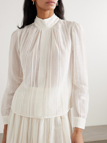 THIERRY COLSON Teresa pintucked cotton and silk-blend voile turtleneck blouse