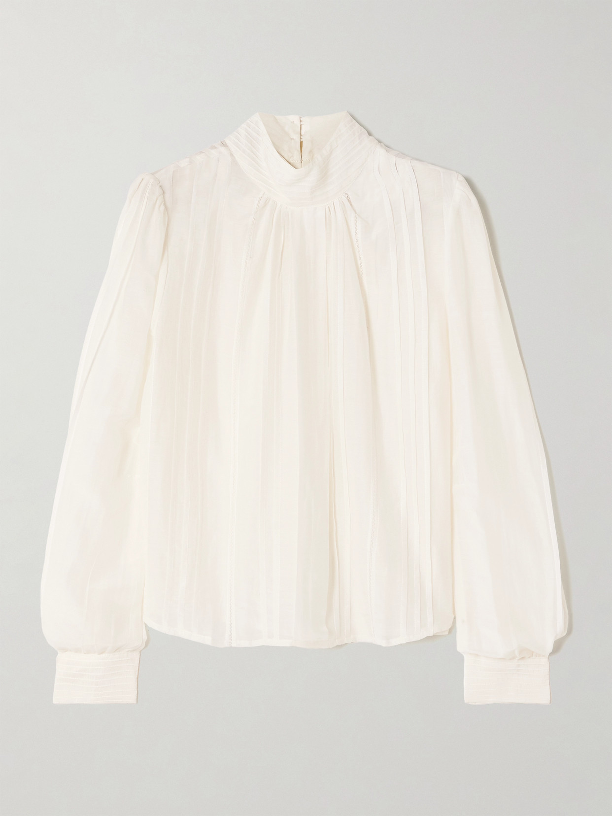 Thierry Colson Teresa Pintucked Cotton And Silk-blend Voile Turtleneck Blouse In Off-white