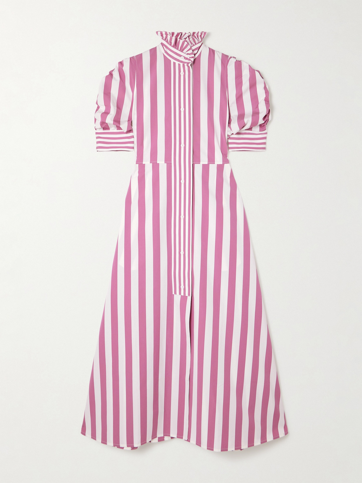 Thierry Colson Venetia Ruffled Striped Cotton-poplin Midi Dress In Pink