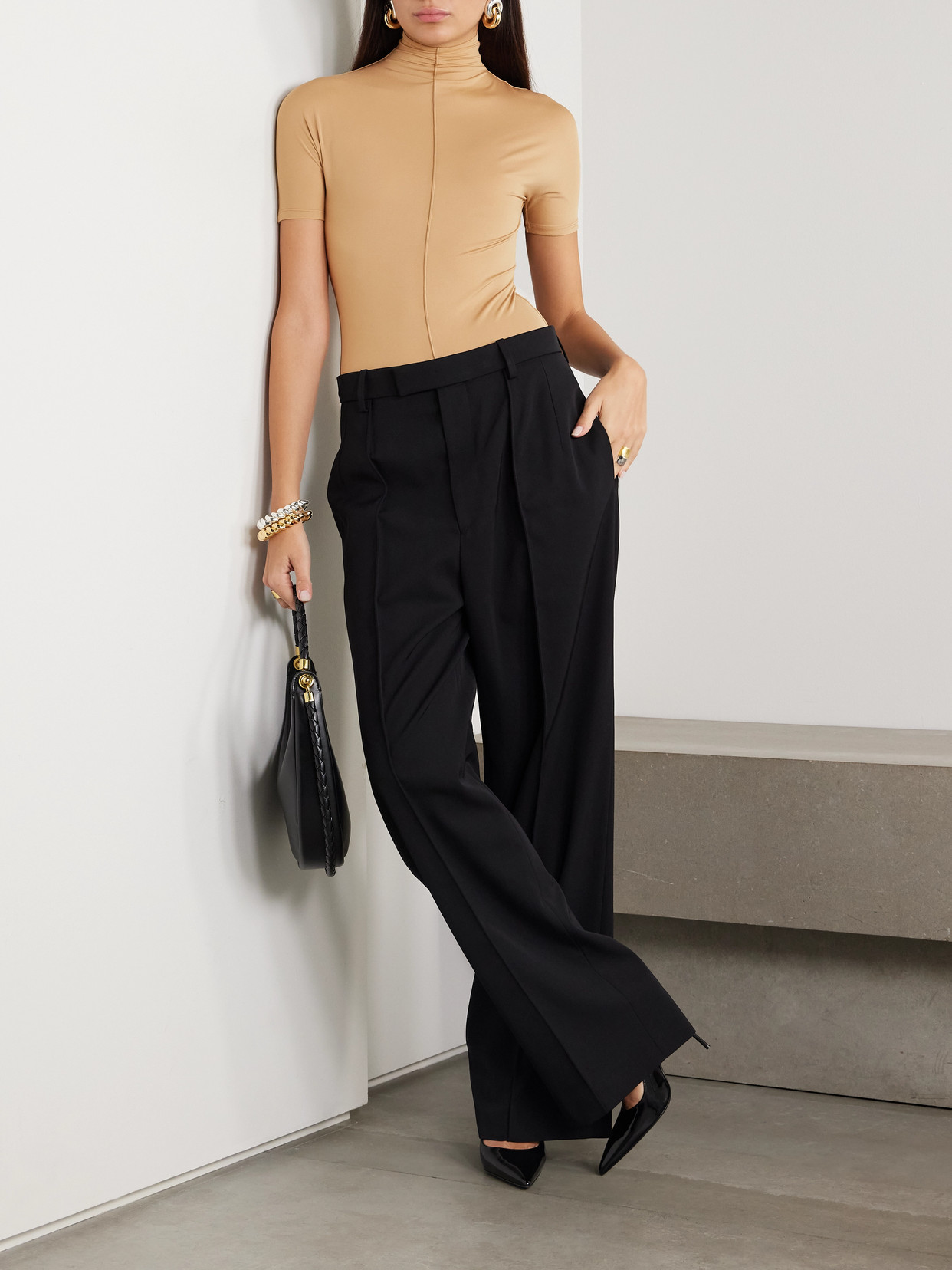 Wardrobe.nyc + Rhw Paneled Stretch-jersey Turtleneck Bodysuit In Neutrals