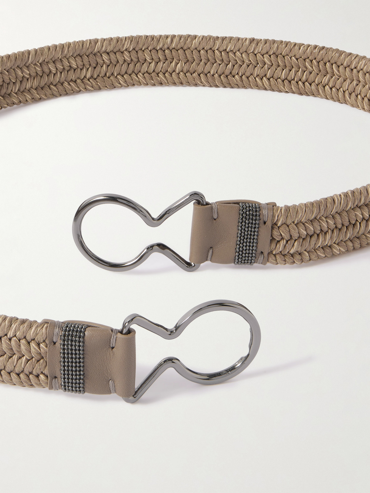Brunello Cucinelli Bead-embellished Leather-trimmed Braided Cotton-blend Belt In Neutrals