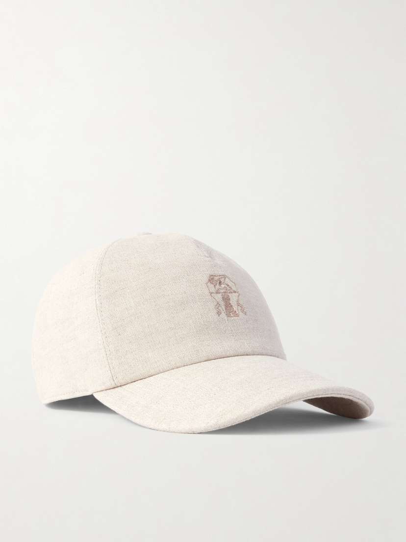 Brunello Cucinelli eather-trimmed Embroidered inen-blend Canvas Baseball Cap