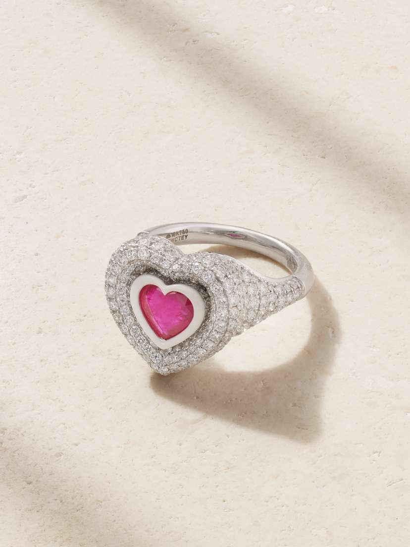 Kamyen Manaal 2.0 18-karat White Gold, Diamond, Ruby And Enamel Ring