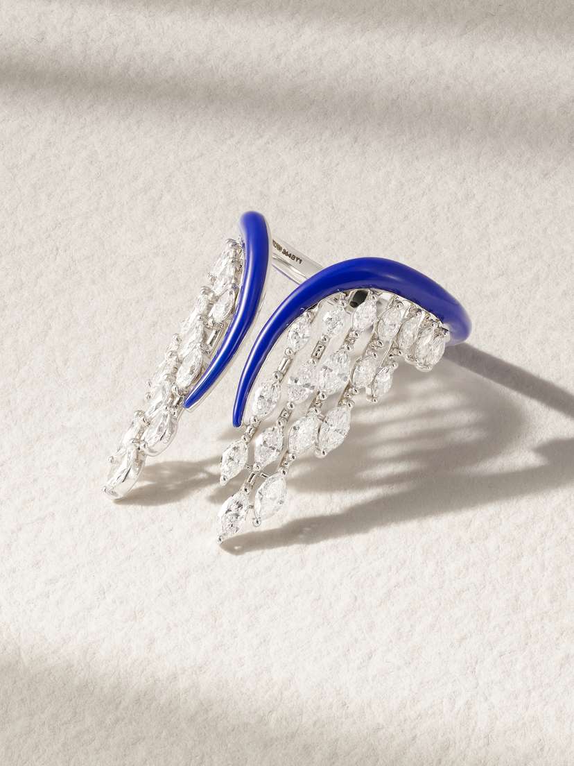 Kamyen Angel Wing 18-karat White Gold, Diamond And Enamel Ring - 6 1/4