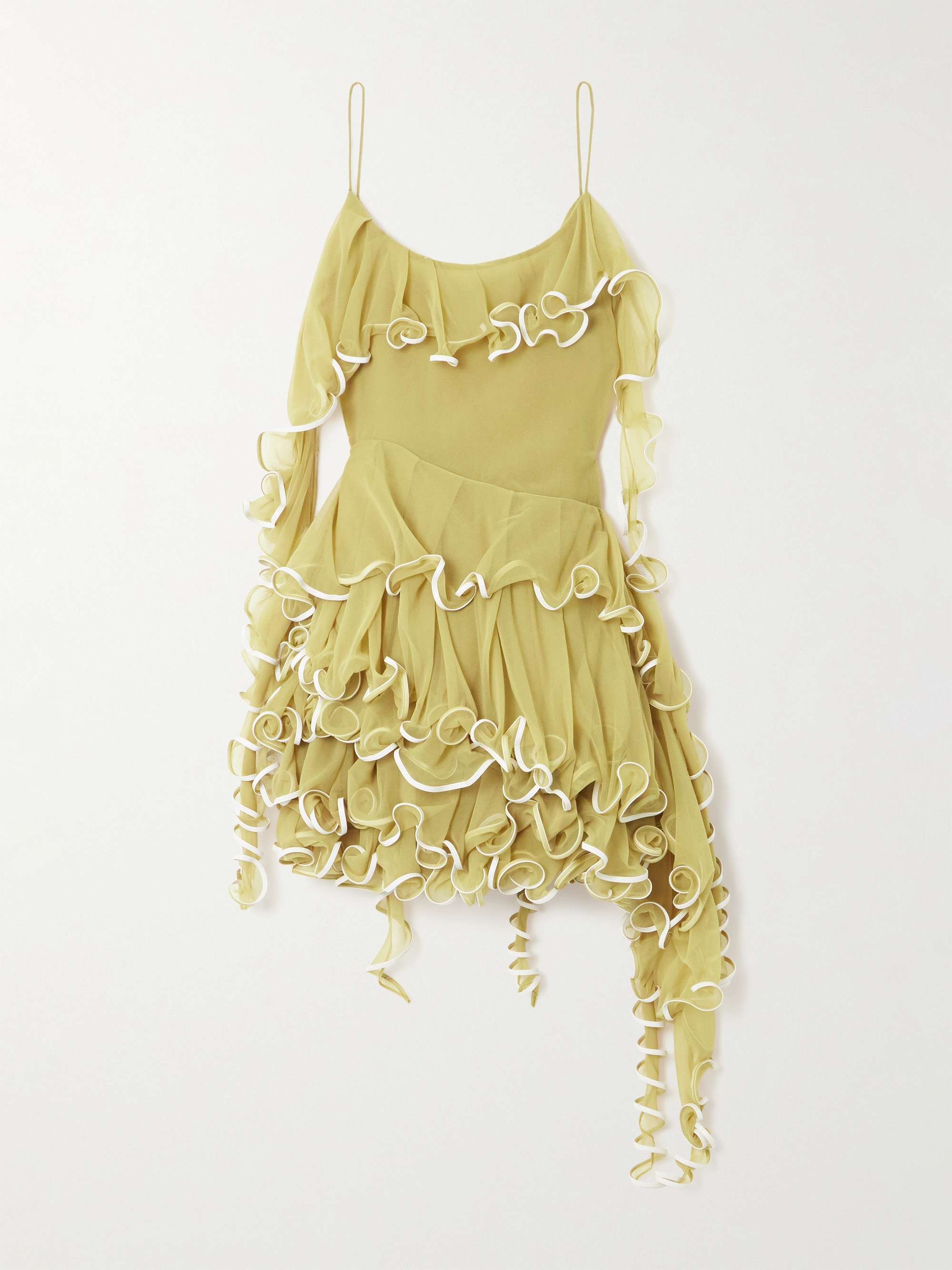Jellyfish ruffled leather-trimmed chiffon mini dress - green - US2