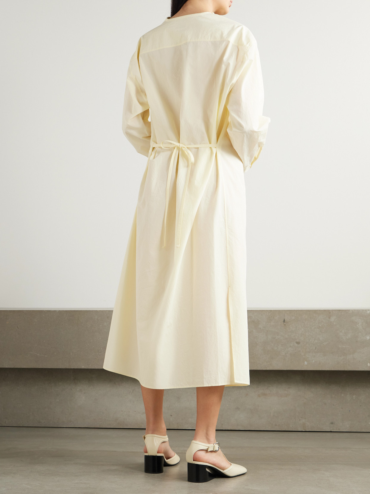 Lemaire Asymmetric Belted Cotton-crepe Midi Dress In Yellow