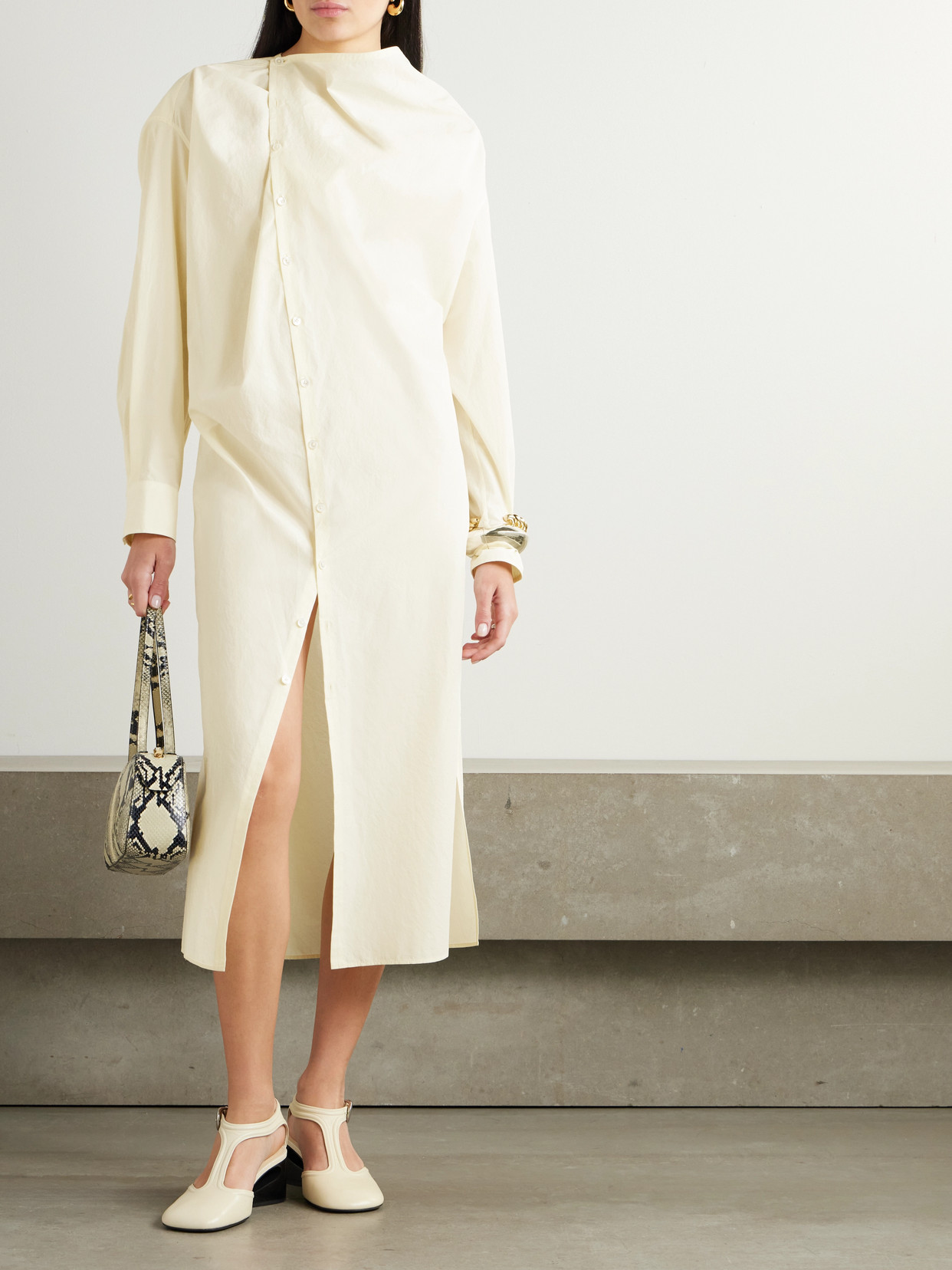 Lemaire Asymmetric Belted Cotton-crepe Midi Dress In Yellow