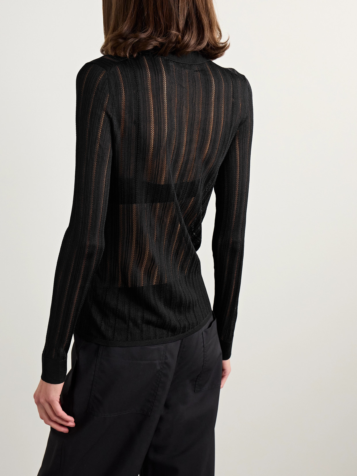 Lydia Pointelle-Knit Mulberry Silk Polo Sweater