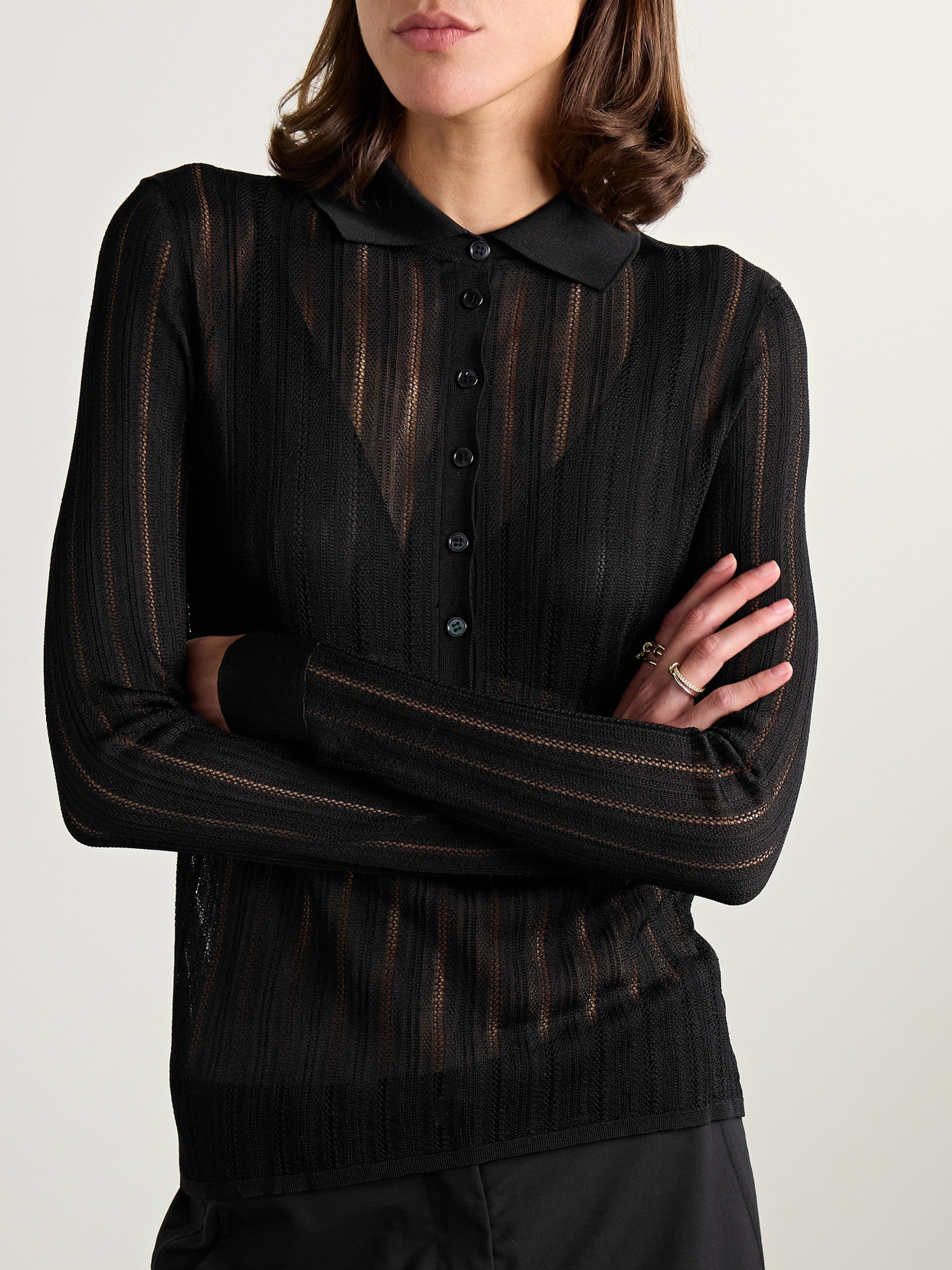 Lydia Pointelle-Knit Mulberry Silk Polo Sweater