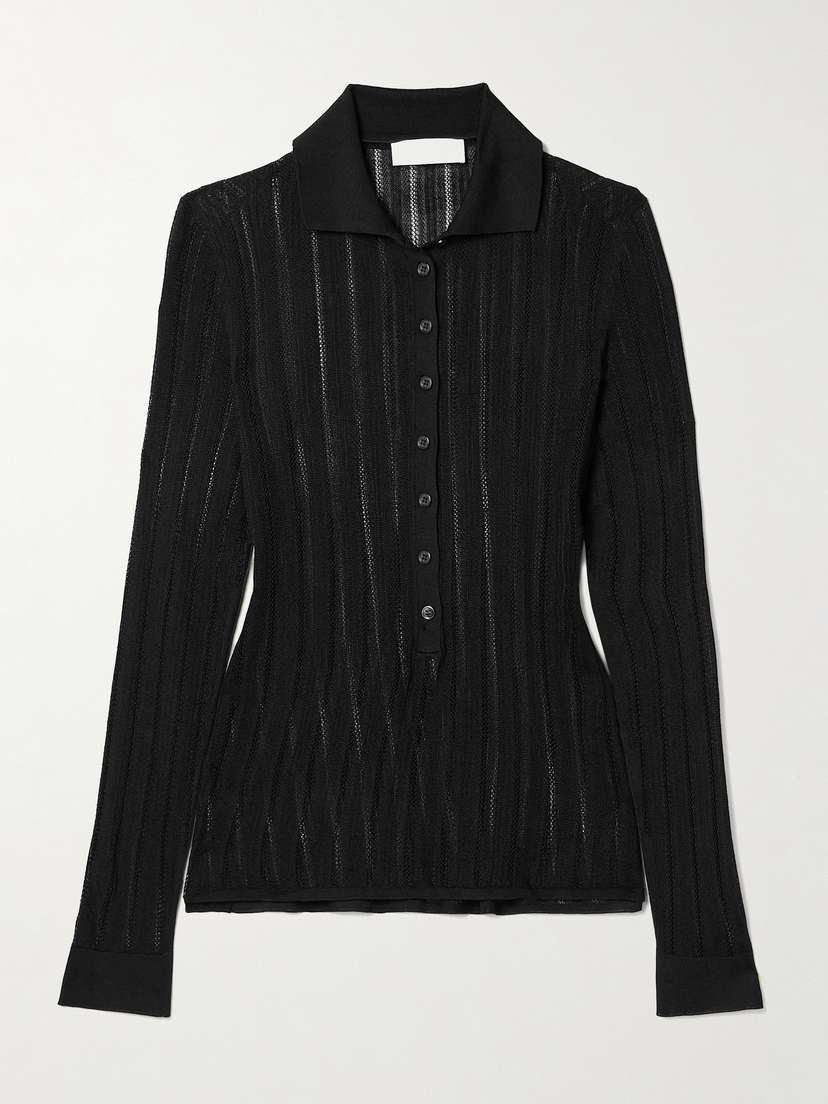 Veronica de Piante Lydia Pointelle-knit Mulberry Silk Polo Sweater