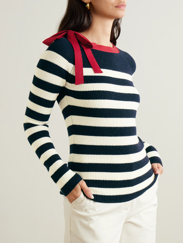 Max Mara Moxa bow-detailed striped ribbed wool sweater