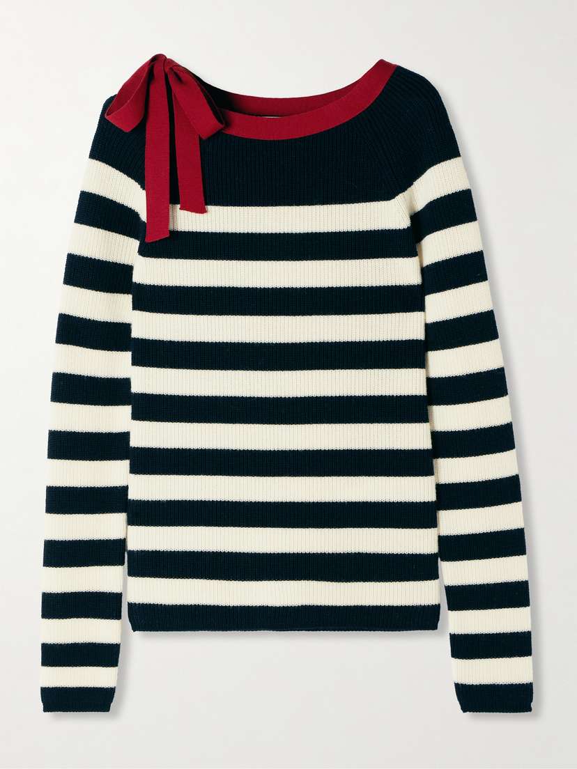 Max Mara Moxa Bow-detailed Striped Ribbed Wool Sweater