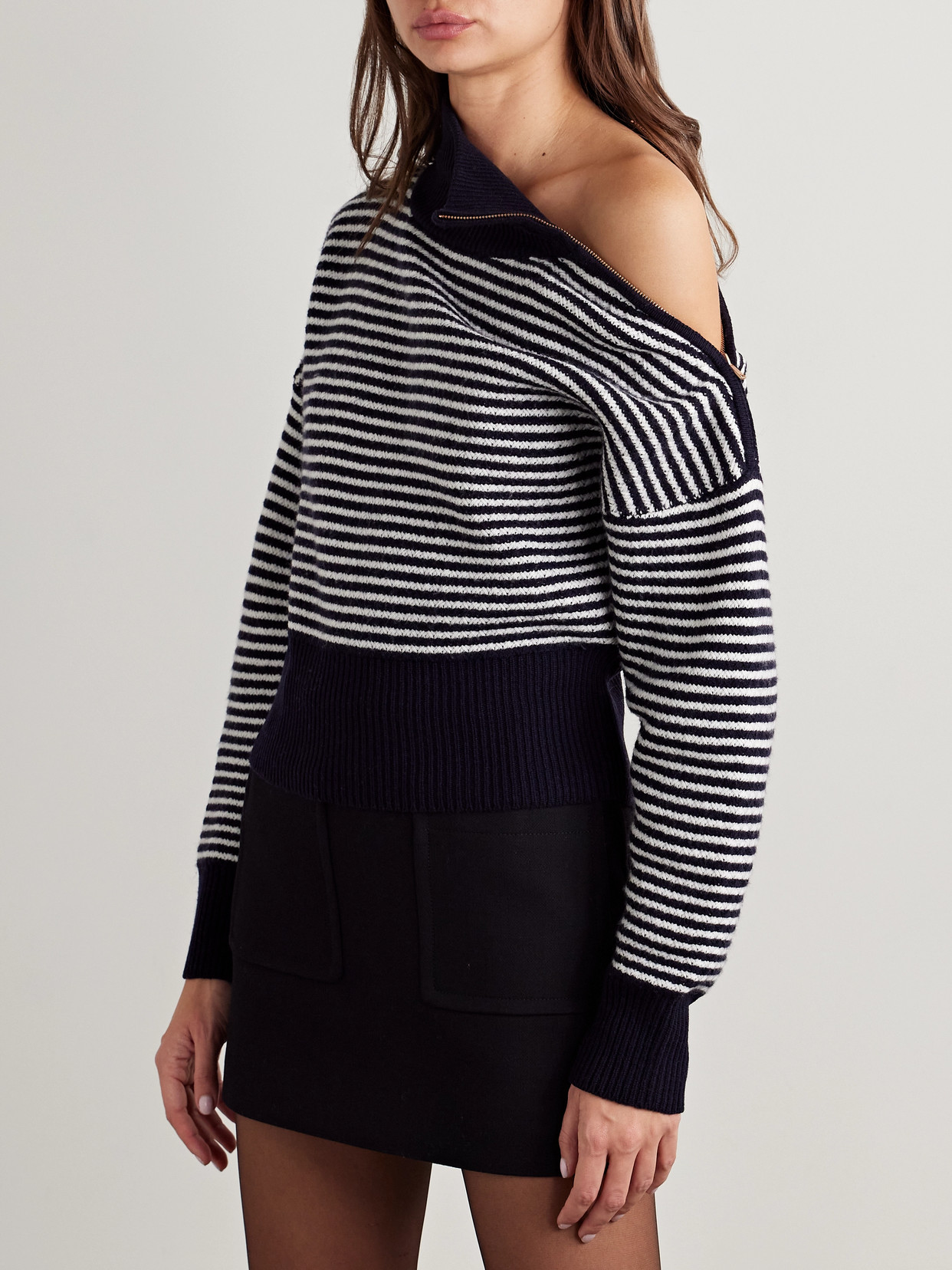 Max Mara Bessica Zip-detailed Striped Wool And Cashmere-blend Turtleneck Sweater In Blue