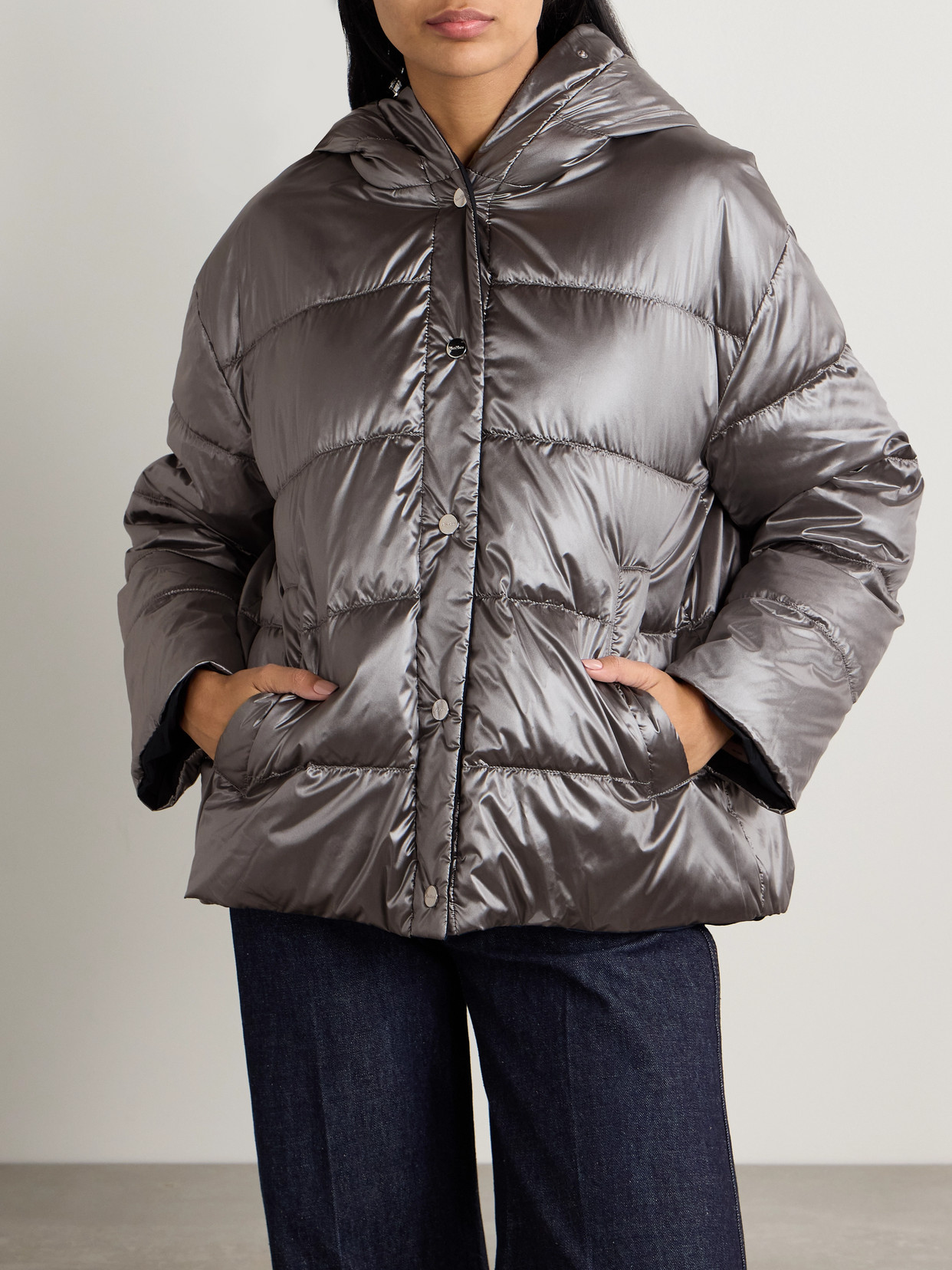 Max Mara Nico Reversible Hooded Padded Quilted Shell Down Coat In Gray