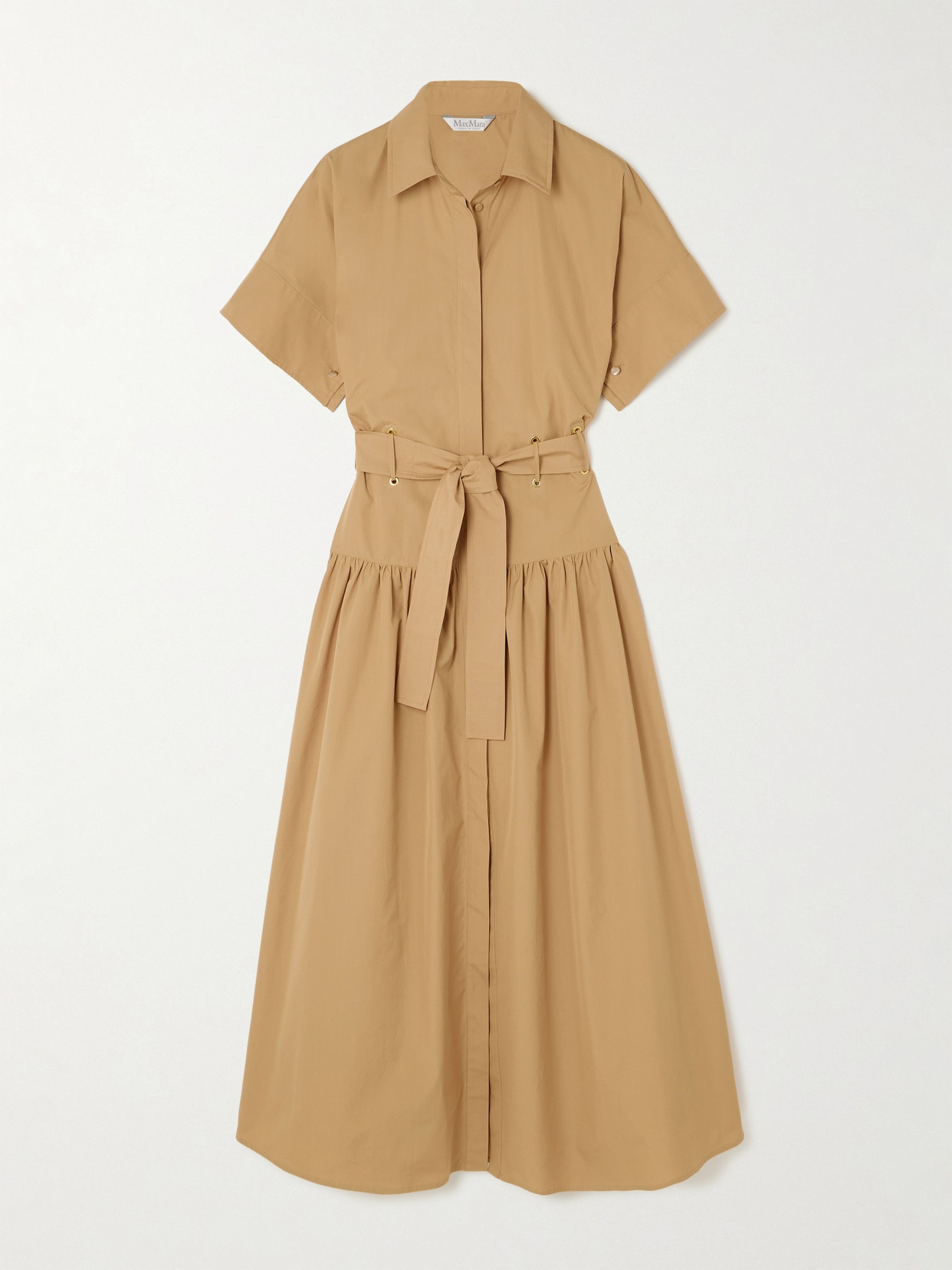 Max Mara Agoraio Belted Eyelet-embellished Cotton-poplin Midi Shirt Dress In Brown