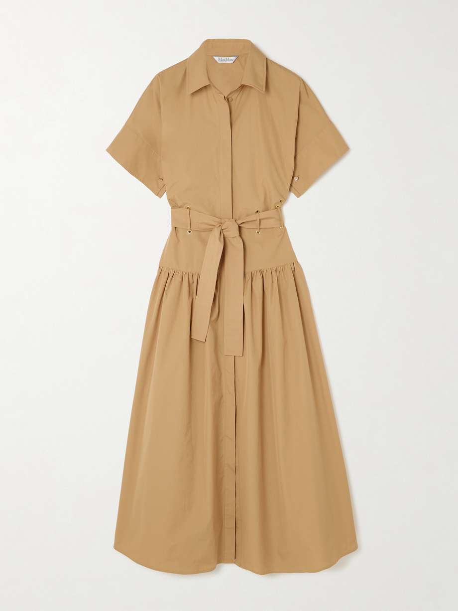 agoraio belted eyelet-embellished cotton-poplin midi shirt dress