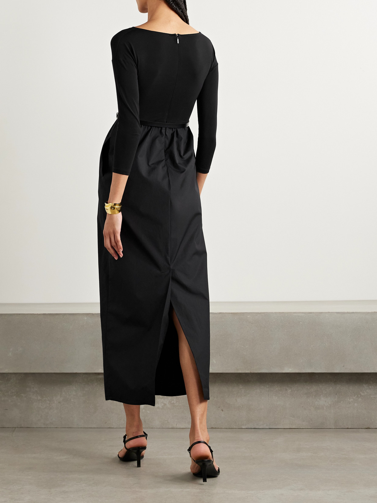 Max Mara Kaiser Belted Stretch-jersey And Cotton-poplin Midi Dress In Black