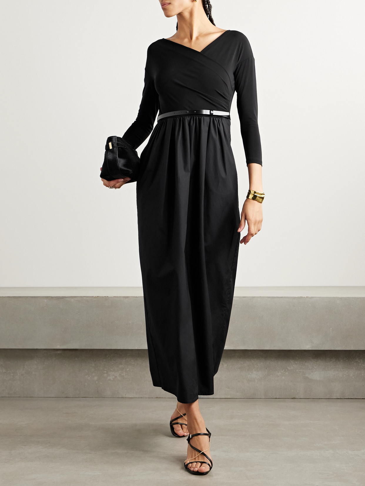 Max Mara Kaiser Belted Stretch-jersey And Cotton-poplin Midi Dress In Black