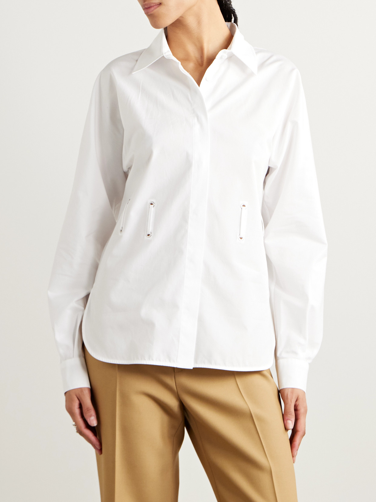 Max Mara Juglas Belted Embellished Cotton-poplin Shirt In White