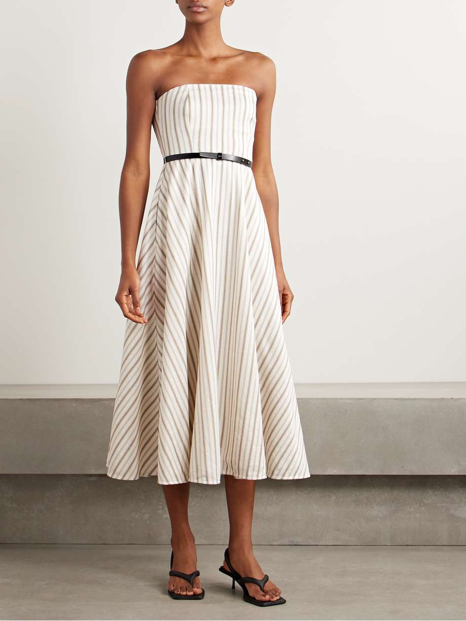 fervida belted strapless striped cotton and linen-blend midi dress
