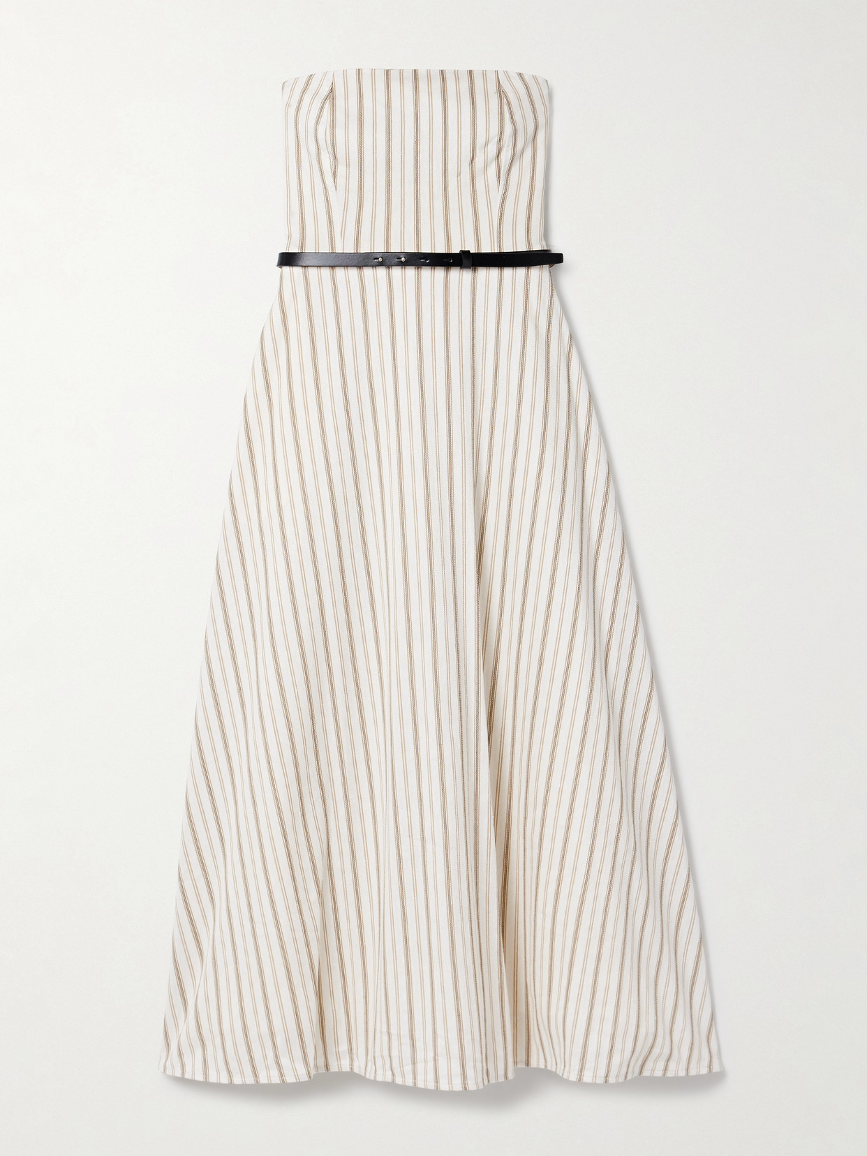Shop Max Mara Fervida Belted Strapless Striped Cotton And Linen-blend Midi Dress In Neutrals