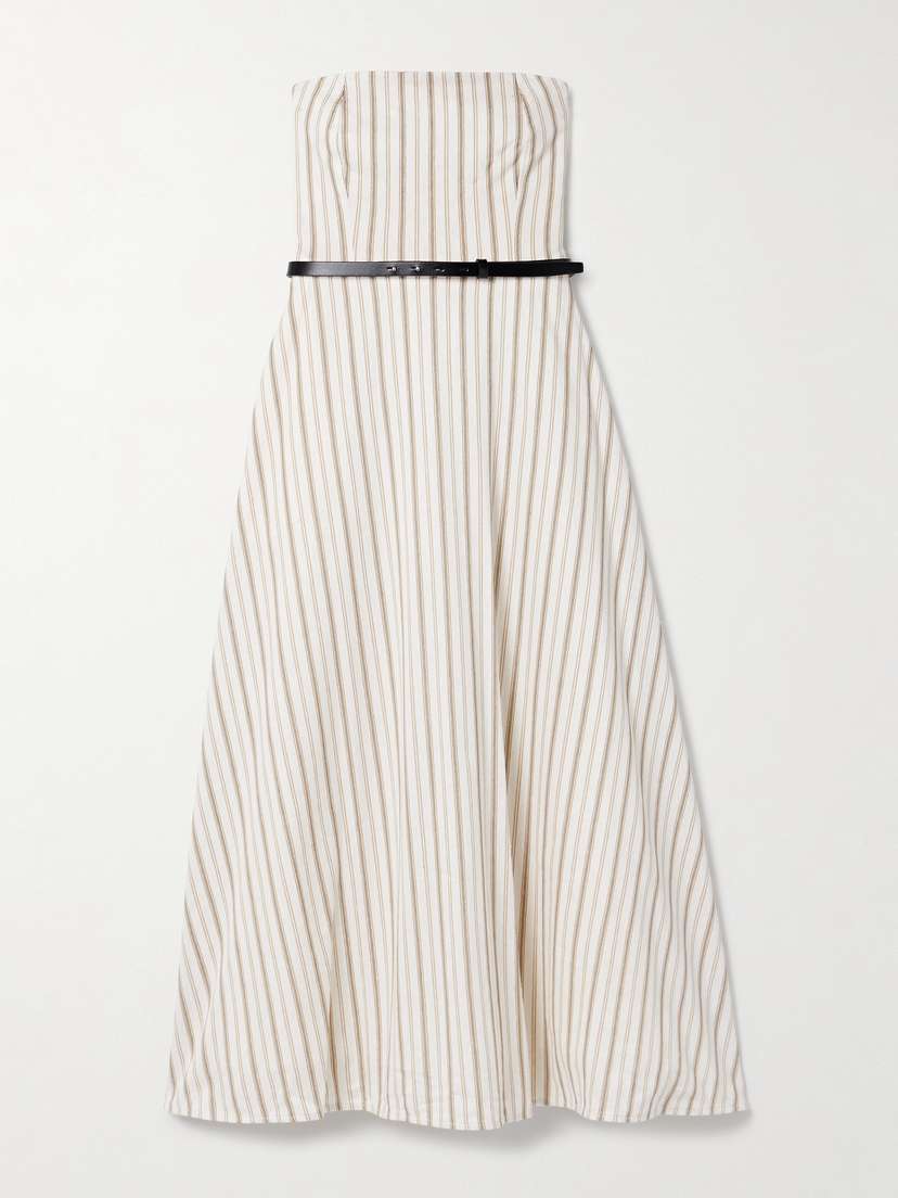 Max Mara Fervida Belted Strapless Striped Cotton And Linen-blend Midi Dress
