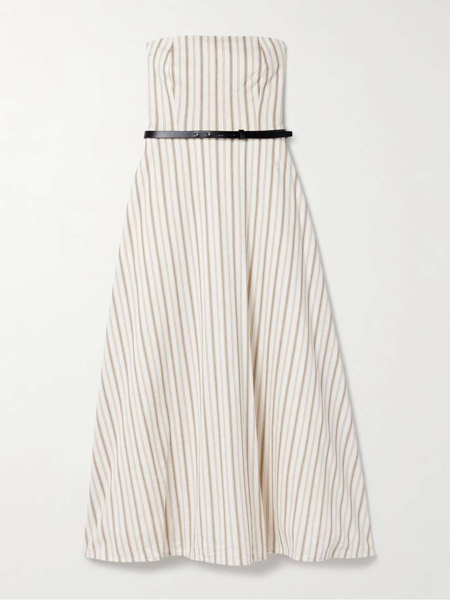 fervida belted strapless striped cotton and linen-blend midi dress