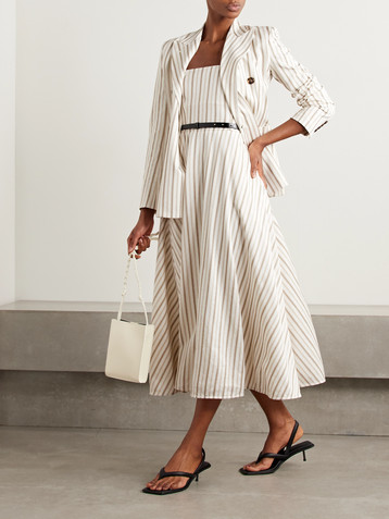 Max Mara Fervida belted strapless striped cotton and linen-blend midi dress