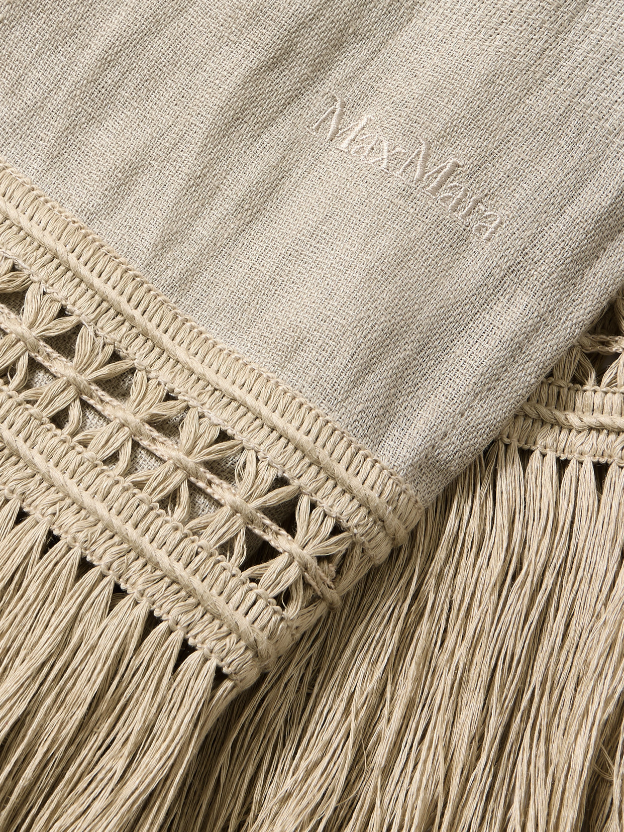 MAX MARA GRAMMO FRINGED MACRAMÉ-TRIMMED LINEN SCARF