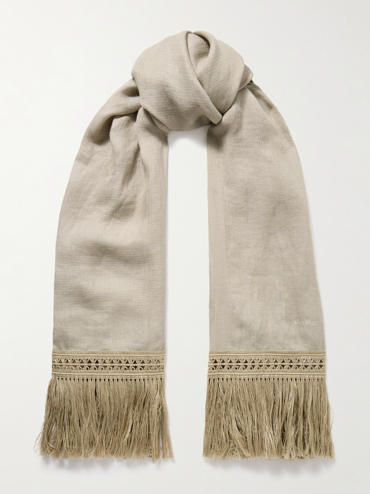 Max Mara Grammo Fringed Macramé-trimmed Linen Scarf In Gray