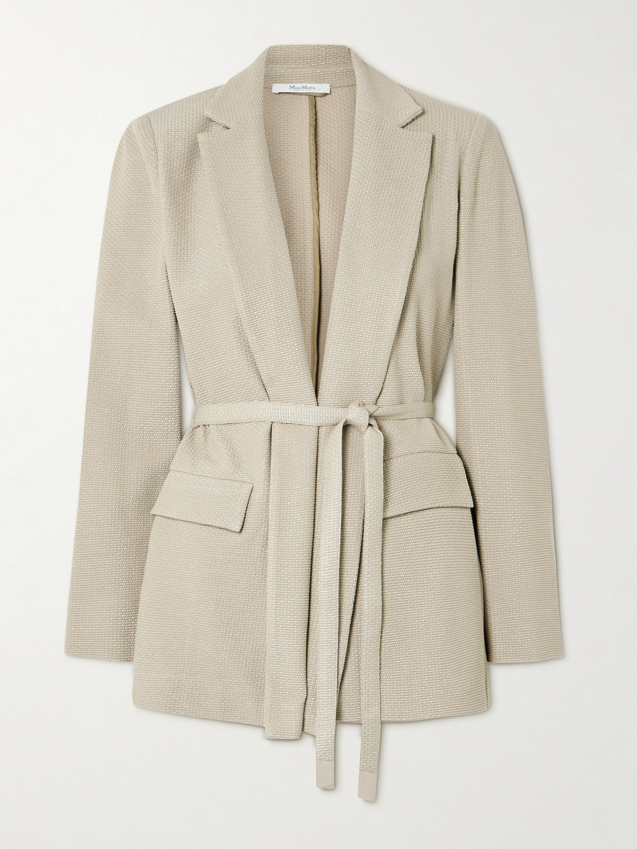 Max Mara Uberta Belted Jacquard-knit Metallic Cotton-blend Blazer In Neutrals