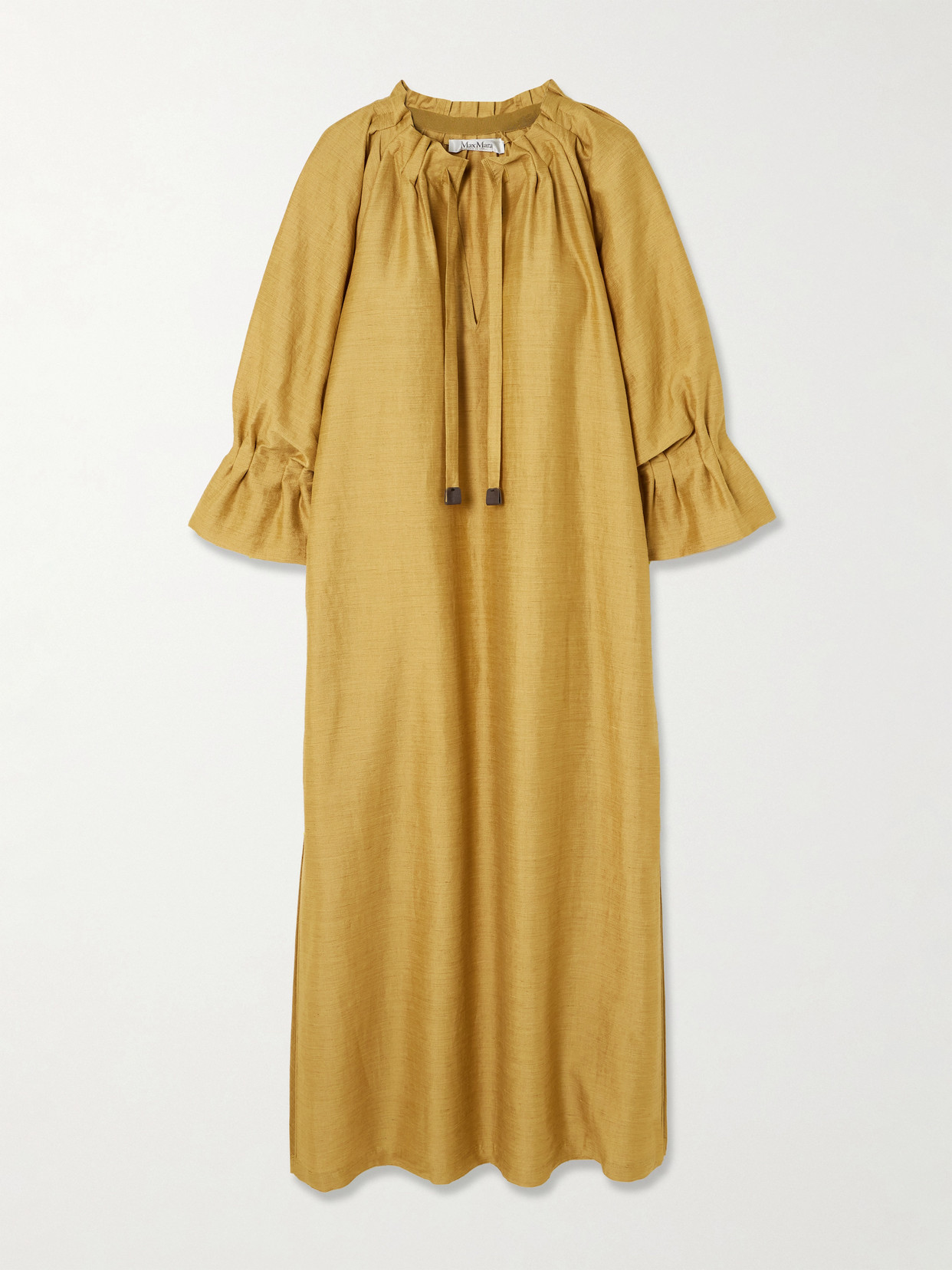 Shop Max Mara Jene Tie-detailed Ruffled Woven Midi Dress In Brown