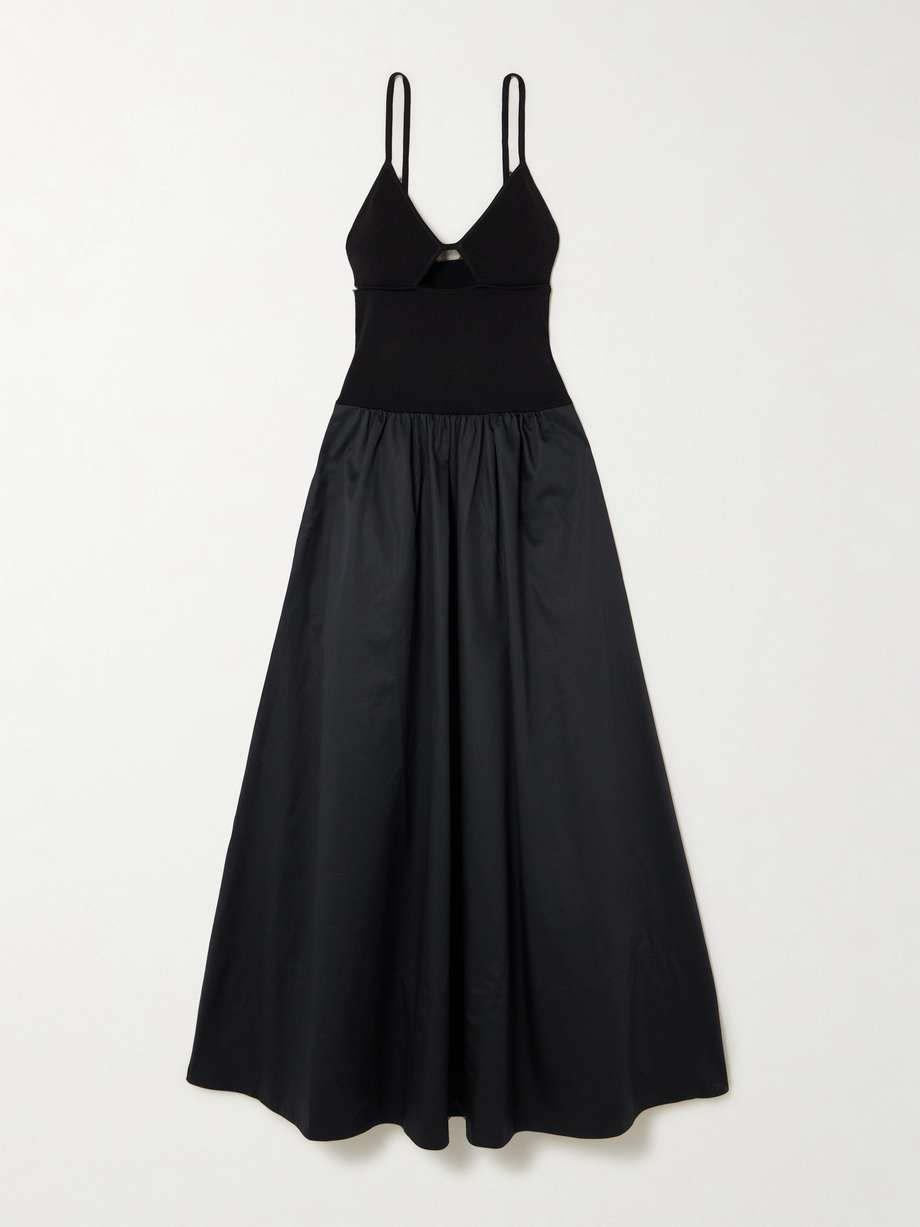 cutout ribbed-knit and cotton-poplin maxi dress